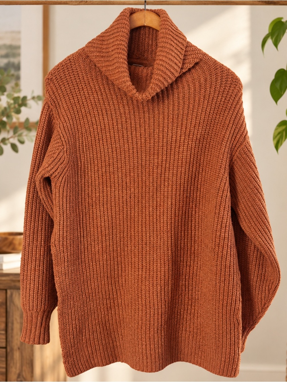 Free People Rust Chunky Knit Oversized Cowl Neck Sweater Tunic